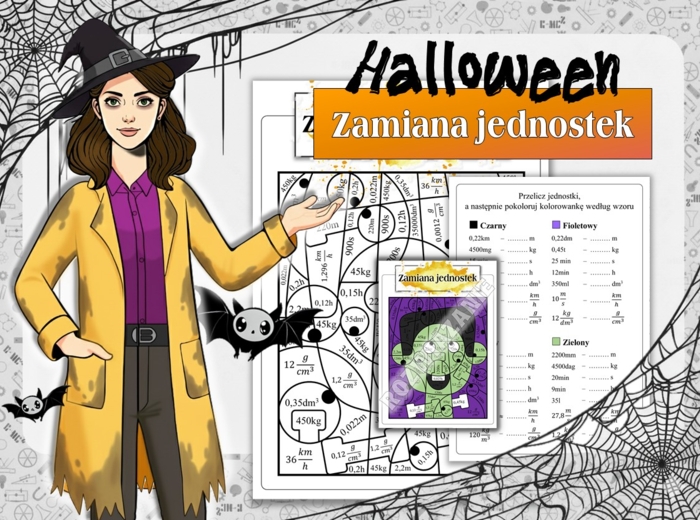 Klasa 7. Klasa 8. Fizyka. Zamiana jednostek. Halloween. Fizyczna kolorowanka. Karta pracy. Zadanie.
