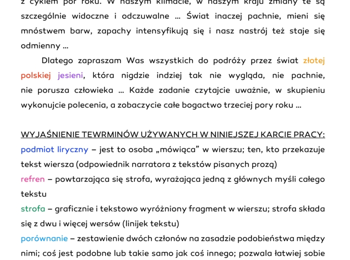 Jesień - jesienne nastroje w wierszach Marii Konopnickiej "Jesienią" i Leszka Długosza "Dzień w kolorze śliwkowym".