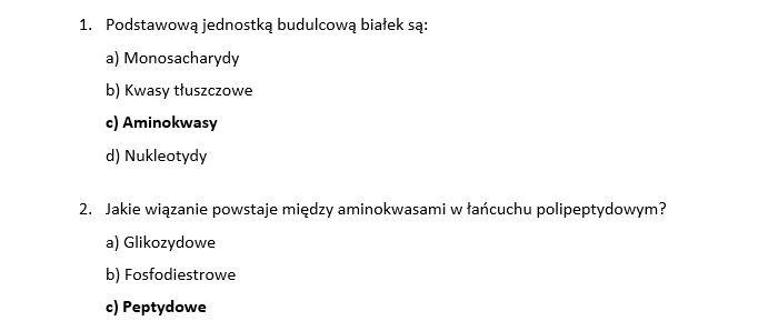Test- Chemizm życia. Składniki organiczne- białka