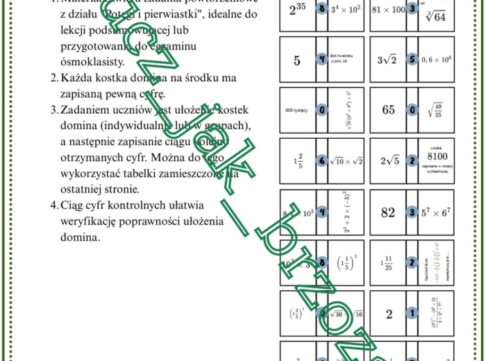 Potęgi i pierwiastki, powtórzenie wiadomości, domino, klasa 7