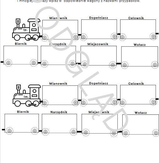 Przypadkowy pociąg- odmiana rzeczownika i przymiotnika przez przypadki.