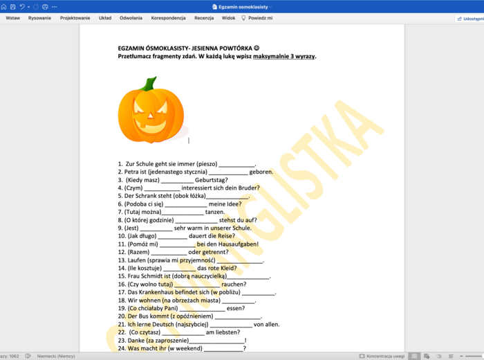 Język niemiecki- egzamin ósmoklasisty - tłumaczenie fragmentów zdań- 100 zdań+ klucz