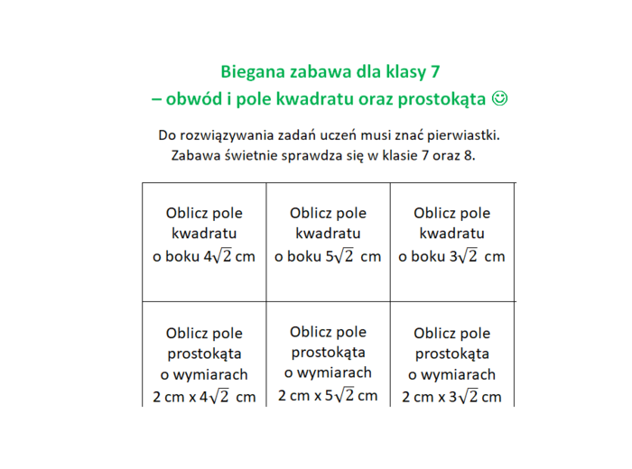 Biegana zabawa. Pole, obwód prostokąta oraz kwadratu. Zawiera pierwiastki. Klasa 7.