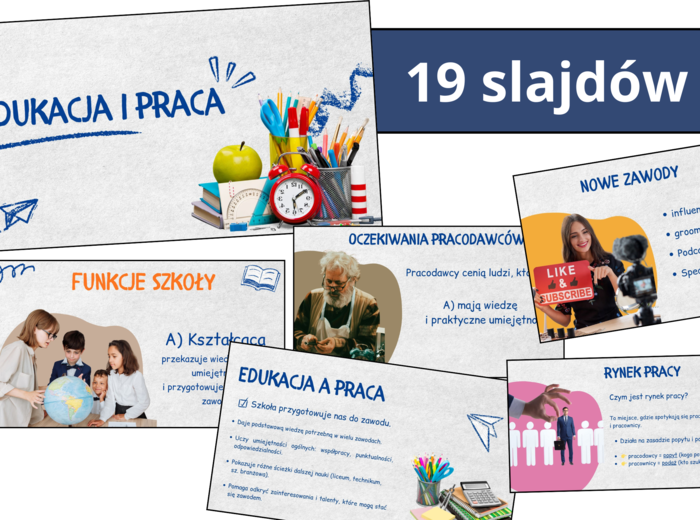 Prezentacja multimedialna- EDUKACJA I PRACA (WOS), zgodna z podstawą programową, możliwość edycji