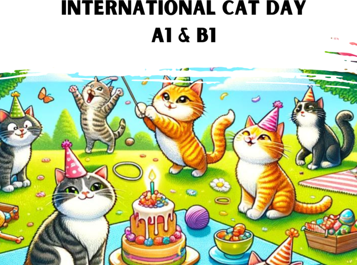 International Cat Day Poziom A1 dla dzieci oraz B1 Karty pracy Gotowa lekcja Worksheet