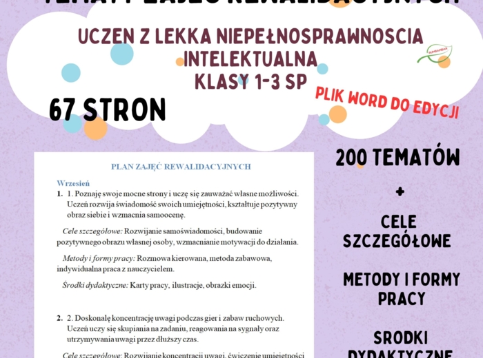 Tematy zajęć rewalidacyjnych/ Rewalidacji indywidualnej ZR/ RI uczeń z lekką niepełnosprawnością intelektualną w klasie 1- 3 SP