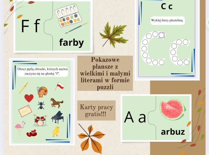 Plansze pokazowe wielkie i małe litery w formie puzzli + karty pracy