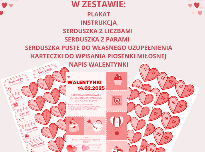 WALENTYNKI - plakat, zabawa: znajdź swoją drugą połówkę