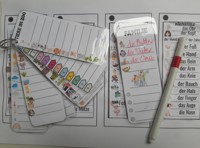 Zakładki - ściągawki - Wklejki do zeszytu z j. niemieckiego, napisz i sprawdź, zadanie typu: skończyłem/am, co teraz?