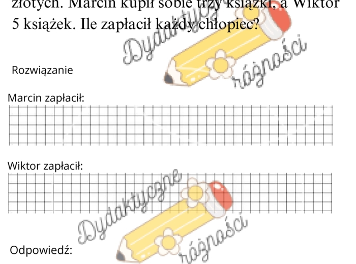 Mnożenie w zakresie 50. Zadania z treścią w wersji normalnej i rozbudowanej dla uczniów szybciej pracujących.