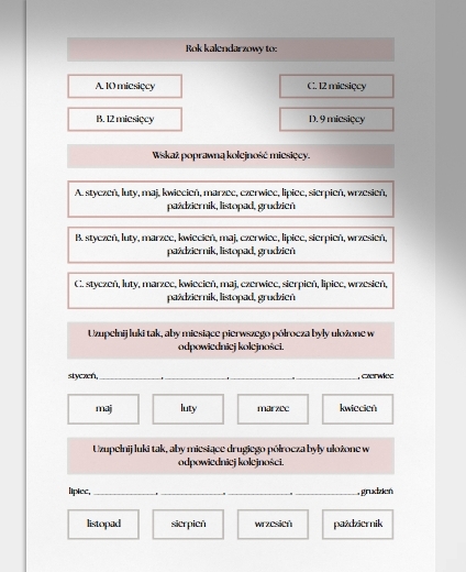 Rok, miesiąc. Karta pracy. Sprawdzian