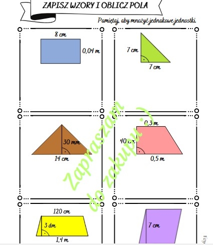 Obliczanie pól wielokątów - karta pracy lub kartkówka (klasa 7-8).