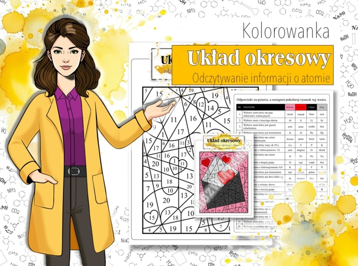 Klasa 7. Chemia. Układ okresowy. Odczytywanie informacji o atomie. Kolorowanka chemiczna. Karta pracy. Zadanie.