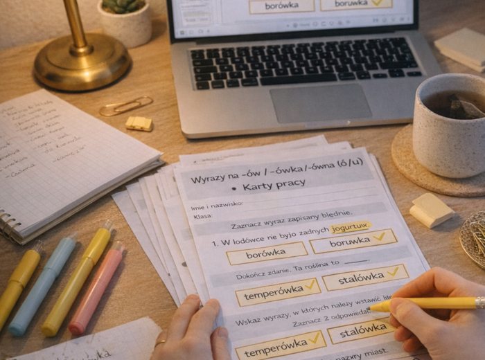 WYRAZY ZAKOŃCZONE NA -ÓW, -ÓWKA, -ÓWNA [Karta pracy, sprawdzian]