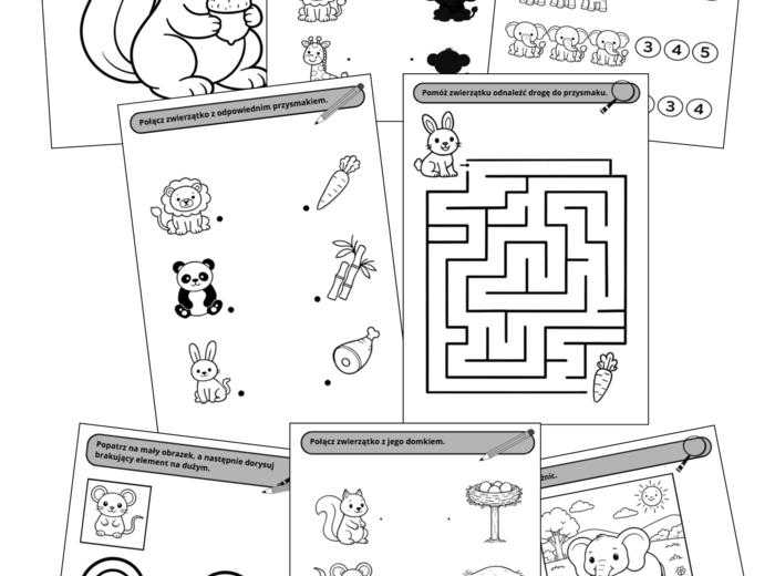 Zabawy ze zwierzętami – 30 kart pracy dla dzieci 3–5 lat (PDF do druku)
