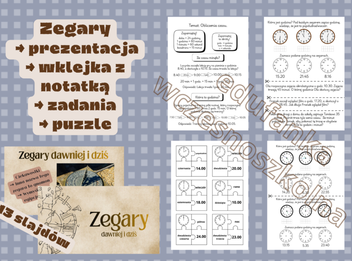 Zegary - zestaw: prezentacja, wklejka, zadania, puzzle