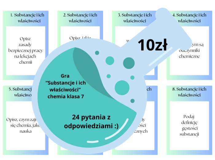 Chemia. Klasa 7. Gra dydaktyczna. Substancje i ich przemiany. Wersja po polsku. Pytania i odpowiedzi. Powtórzenie wiadomości.