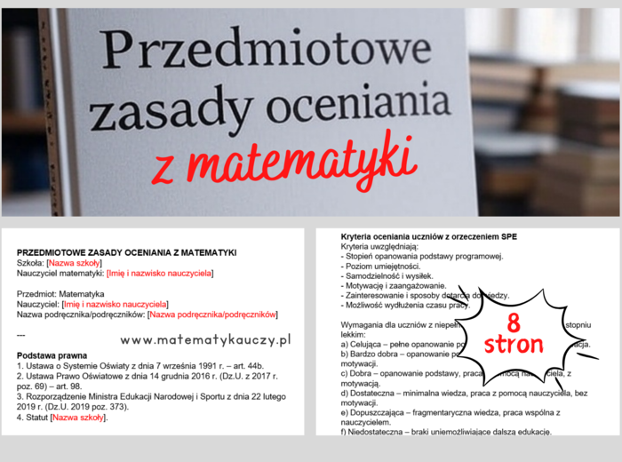 PRZEDMIOTOWE ZASADY OCENIANIA z matematyki - bardzo dobrze opracowane PZO na podstawie przepisów prawa / DOC do EDYCJI