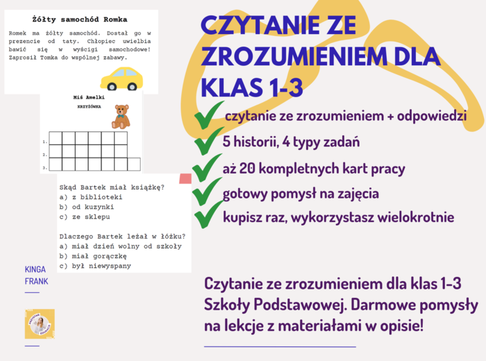 Czytanie ze zrozumieniem + 20 kart pracy dla klas 1-3