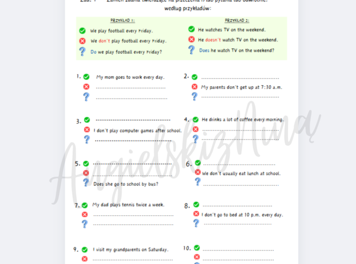 Present Simple - przekształcanie zdań - ćwiczenia dla początkujących - zdania twierdzące - przeczenia - pytania - kl. 4, 5 - A2