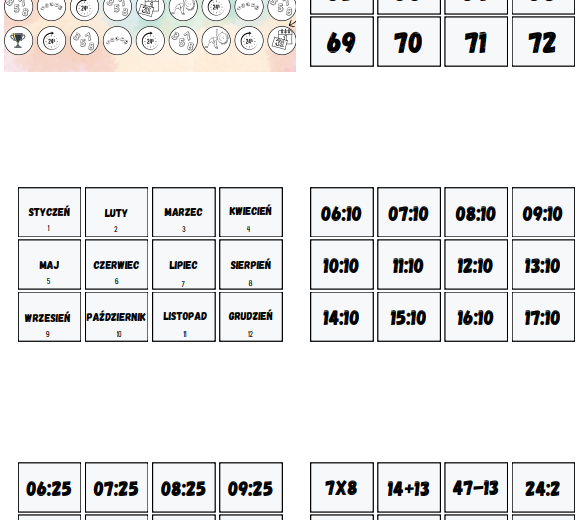 Uniwersalna gra planszowa / stacje zadaniowe z wykorzystaniem zadań z matematyki - ćwiczenie liczebników, określania godzin, działań matematycznych - języki obce, klasy 1-6