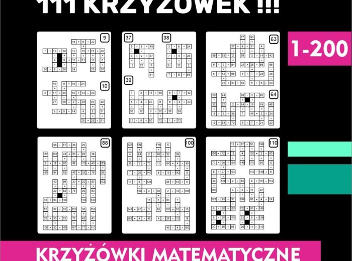 Krzyżówki matematyczne- zestaw 111 sztuk! Dodawanie, odejmowanie, mnożenie, dzielenie, tabliczka mnożenia