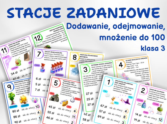 STACJE ZADANIOWE – Sklep Czarodzieja, dodawanie, odejmowanie, mnożenie do 100, klasa 3, zakupy, pieniądze, koniec roku