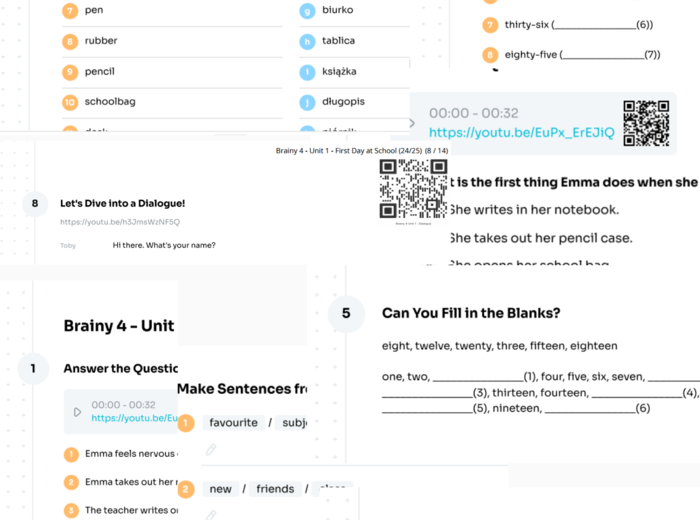 Brainy 4 - Unit 1 - karta pracy - First Day at School (24/25) - numbers, school objects - Krzyżówka GRATIS