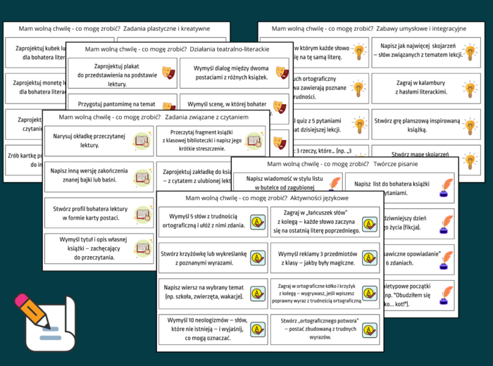 Co mogę zrobić, gdy mam wolną chwilę? - Pomysły na AKTYWNOŚCI POLONISTYCZNE dla uczniów klas 4-8 – ćwiczenia- 12 stron - język polski- biblioteka- świetlica