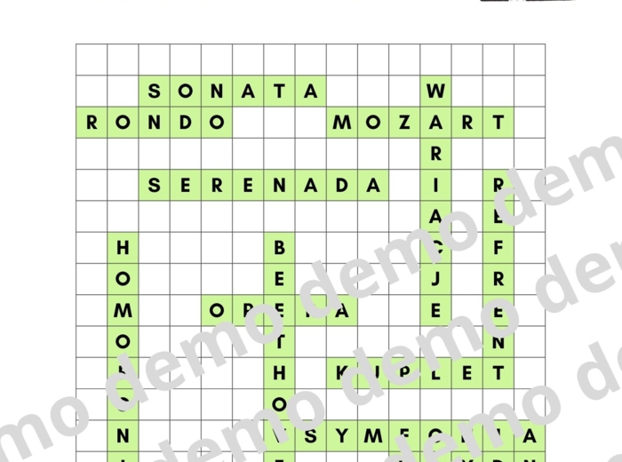 Muzyka, klasa 4-5. Muzyka klasycyzmu. Karta pracy: wykreślanka.