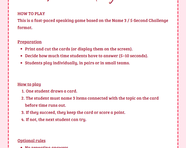 Valentine’s Day – NAME 3 / 5 SECONDS ESL SPEAKING GAME | Gra mówienia po angielsku (100 kart, A2-B2, Walentynki)