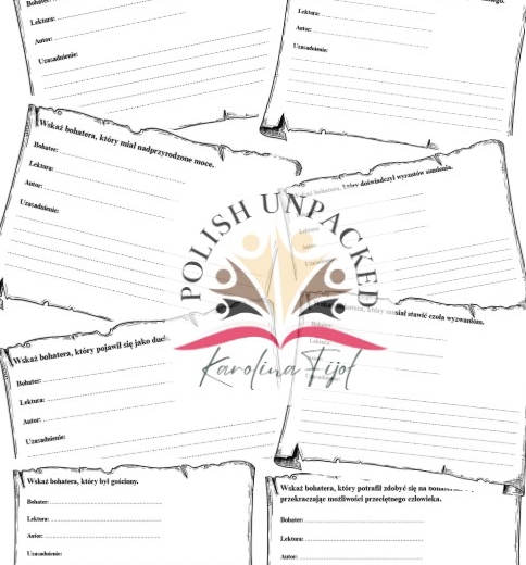 42 karty "Wskaż bohatera, który...", powtórki egzamin ósmoklasisty, lektury obowiązkowe