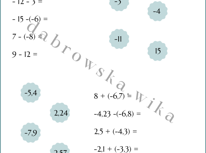 Liczby ujemne - karta pracy