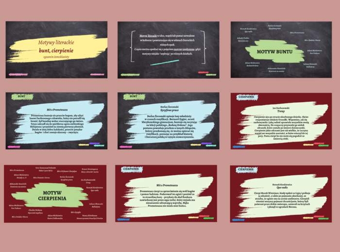 MOTYWY LITERACKIE – bunt - cierpienie – prezentacja – 32 slajdy – lektury kl.7-8 i nie tylko – egzamin – powtórzenie Materiał cyfrowy