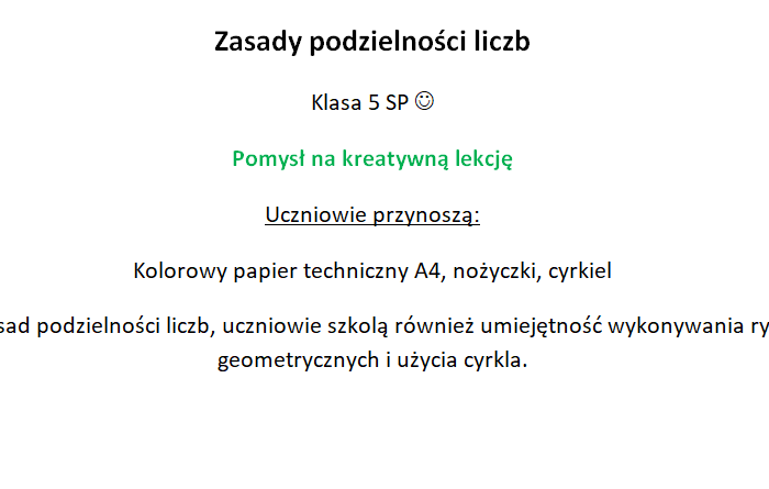 Kreatywna lekcja cechy podzielności liczb klasa 5 - projekt