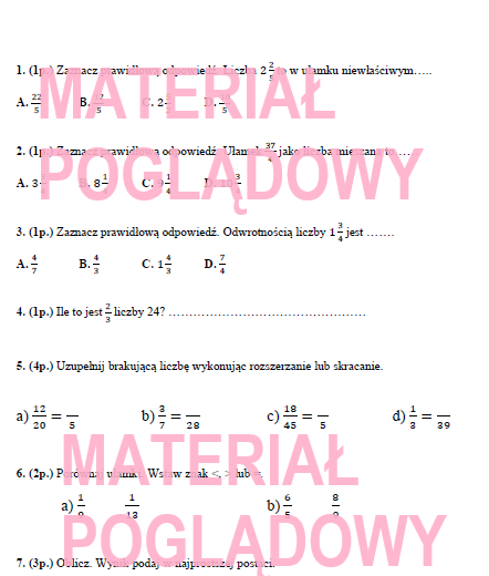 Sprawdzian (karta pracy) klasa 5 ułamki zwykłe