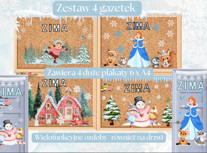 Mega Pakiet Gazetek ZIMA| 5 plakatów| Kolorowe grafiki przyciągające wzrok| Wiele możliwości aranżacji| Ideałny jako dekoracja klasy lub korytarza