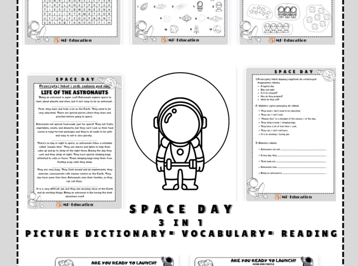 Space Day - słowniczki obrazkowe + ćwiczenie na słownictwo + czytanie ze zrozumieniem