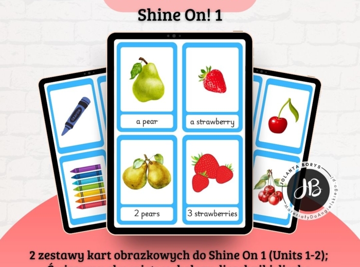 Flashcards do Shine On 1 - Karty obrazkowe PRZYBORY SZKOLNE/OWOCE/w liczbie pojedynczej i mnogiej/z podpisami i bez