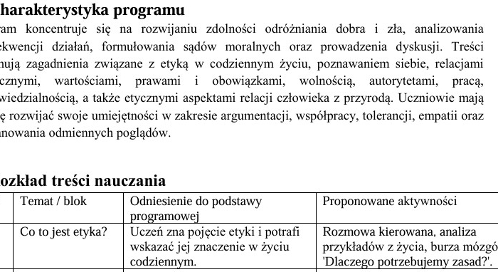 Program nauczania ETYKA klasy 1-3 oraz 4-8, wymagania edukacyjne, rozkład materiału, dokumentacja