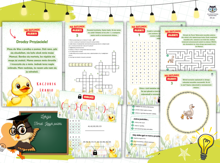 Escape room. Na ratunek. Alert! Uratuj kaczątko. Wiosenne zagadki. Język polski. Matematyka. Przyroda