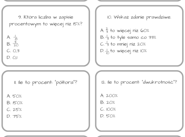 PAKIET quizy matematyczne - procenty, wyrażenia algebraiczne (algebra), ułamki dziesiętne
