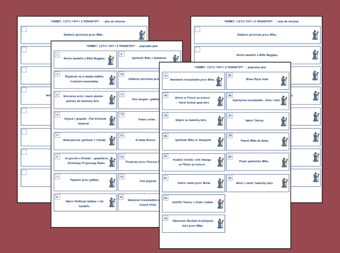 "HOBBIT, CZYLI TAM I Z POWROTEM" – plan wydarzeń – fiszki – 3 wersje – egzamin