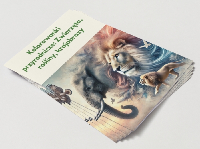 Karty do kolorowania z motywami przyrodniczymi (zwierzęta, rośliny, krajobrazy).