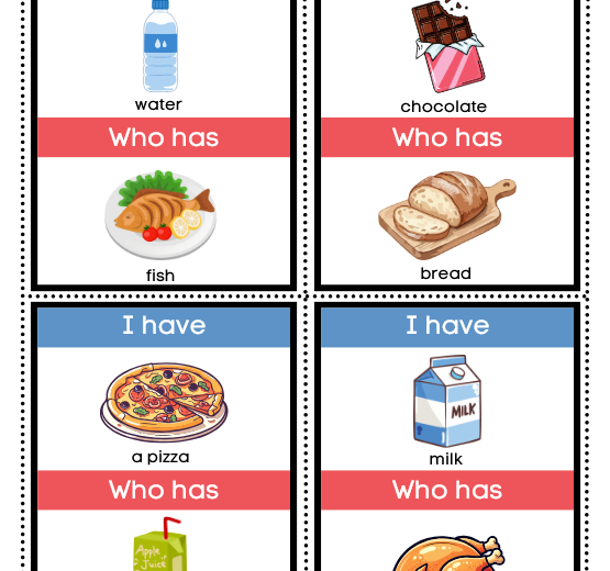 I HAVE... WHO HAS...? - FOOD & DRINK | Gra Ja mam, Kto ma w języku angielskim do ćwiczenia słownictwa (JEDZENIE I PICIE) ESL (A1)