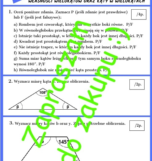 Własności wielokątów oraz kąty w wielokątach - kartkówka lub karta pracy z rozwiązaniem