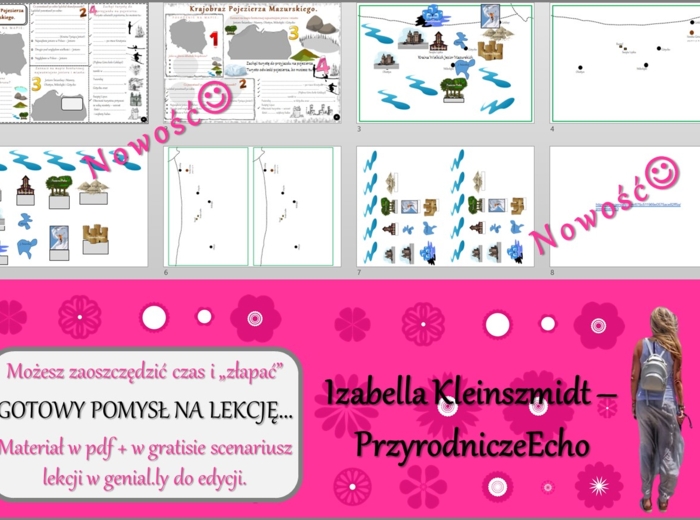 Karta pracy/stacje zadaniowe/notatki do tematu „Krajobraz Pojezierza Mazurskiego” w pdf. W gratisie niekomercyjny scenariusz lekcji/pomysł na lekcję w programie genial.ly do edycji. Geografia 5. Dział „Krajobrazy Polski”.