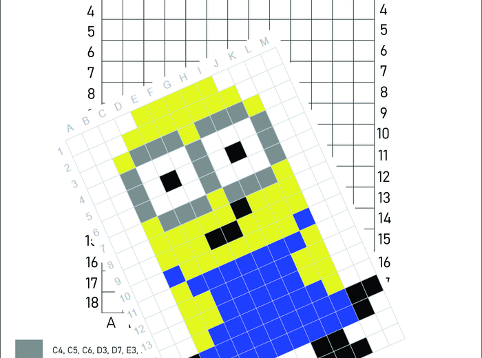 Odkoduj postacie z bajek, Peppa, Minionki, Olaf, Myszka Miki, Snoopy, kodowanie, kodowanka, dyktando graficzne