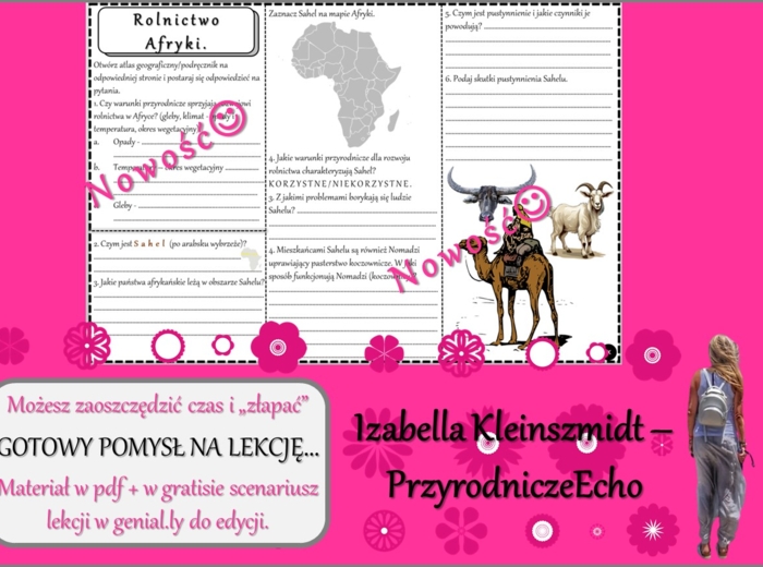 Pomysł na lekcję/karta pracy/stacje zadaniowe/notatki/ materiał do lekcji do tematu „Rolnictwo Afryki.” w pdf. W gratisie niekomercyjny scenariusz lekcji/pomysł na lekcję w programie genial.ly do edycji. Geografia 8. Dział „Afryka”.