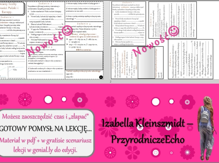Karta pracy/stacje zadaniowe/ notatki/ materiał do lekcji do tematu „Zmiany liczby ludności Polski i Europy.” w pdf. W gratisie niekomercyjny scenariusz lekcji/pomysł na lekcję w programie genial.ly do edycji. Geografia 7. Dział „Ludność i urbanizacja”.